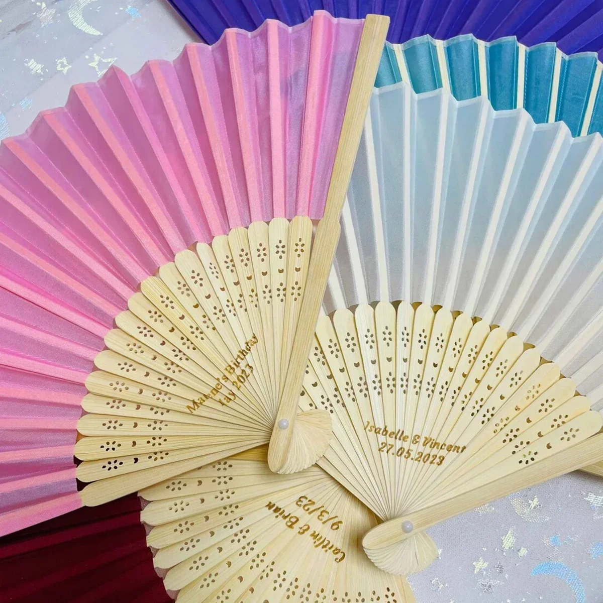 Personalized Custom White Fabric Fans, Wedding Party Favors, Bulk Engraved Cloth Fans, Gifts for Guests