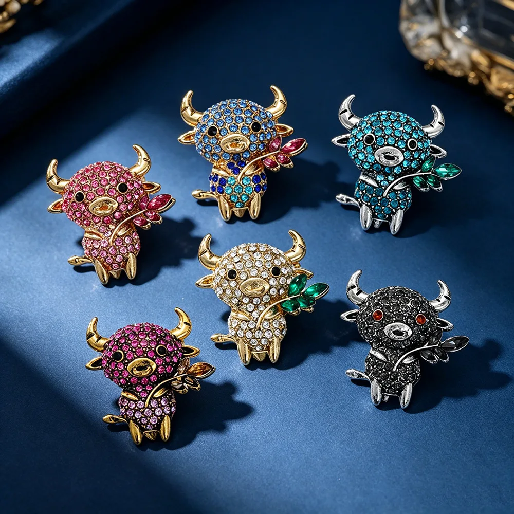 Cute tree branch, calf brooch, pin, twelve zodiac animals, high-end crystal, full diamond chest flower, mascot, accessory