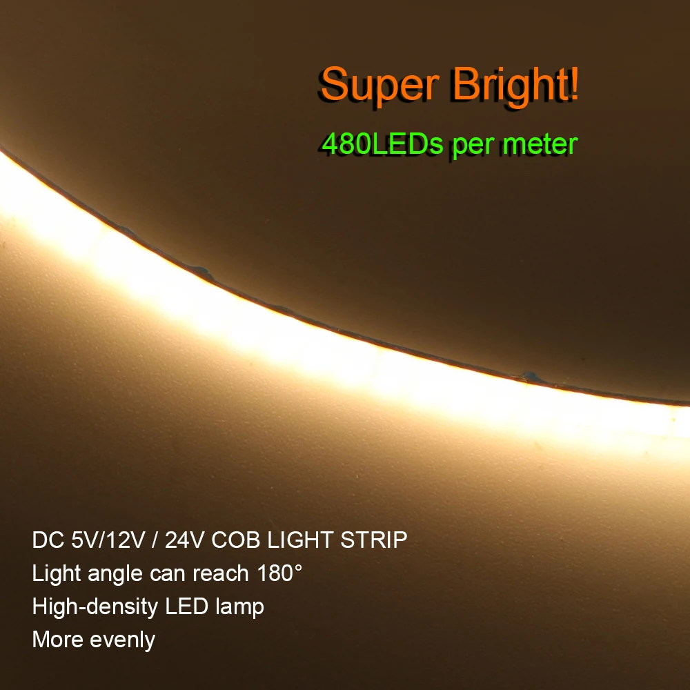 COB LED Strip Light 2.7mm 4mm Ultra thin 12V 24V 5V Bright 480LEDs/m 8mm PCB RA90 High Density Flexible Lamp Linear Lighting