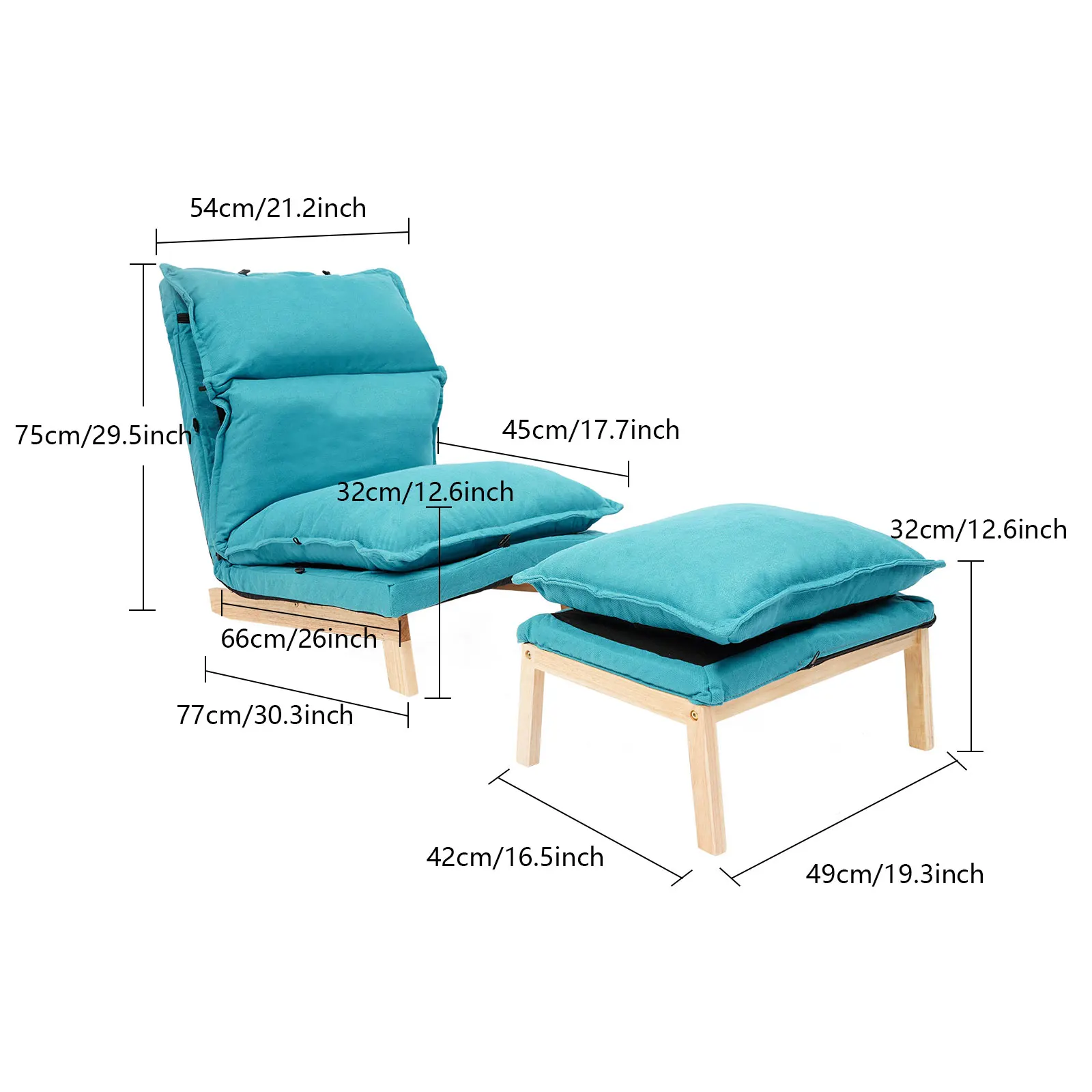 Adjustable lounge chair shown fully reclined with ottoman