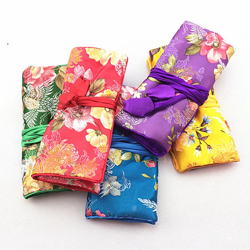 Custom Bright Flower Jewelry Roll Pouch Bag Travel Portable Chinese Silk Brocade Makeup Jewellery Storage 3 Zipper Pouch 30pcs