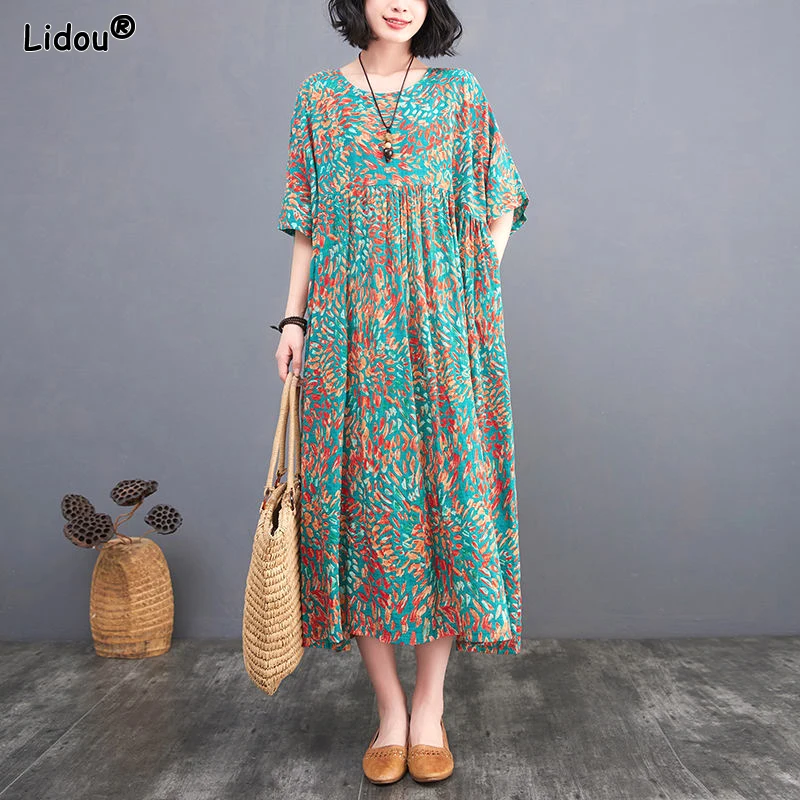 

Women's Clothing Korean Pullovers Oversized Loose Printing Fashion Casual Plus Size Round Neck Short Sleeve Midi Skirts Dresses