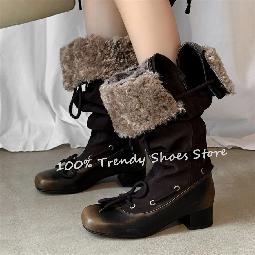 Fashion Mixed Color Plush Splicing Pleated Long Boots Women Leisure Knee High Boots Round Toe Chunky Heel Lace-Up Ladies Boots