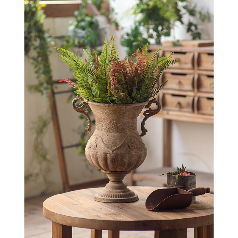 Vintage Classical Trophy Urn Planter, Antique Stone Finish Iron Vase, Mediterranean Estate Decor, European Garden Accent
