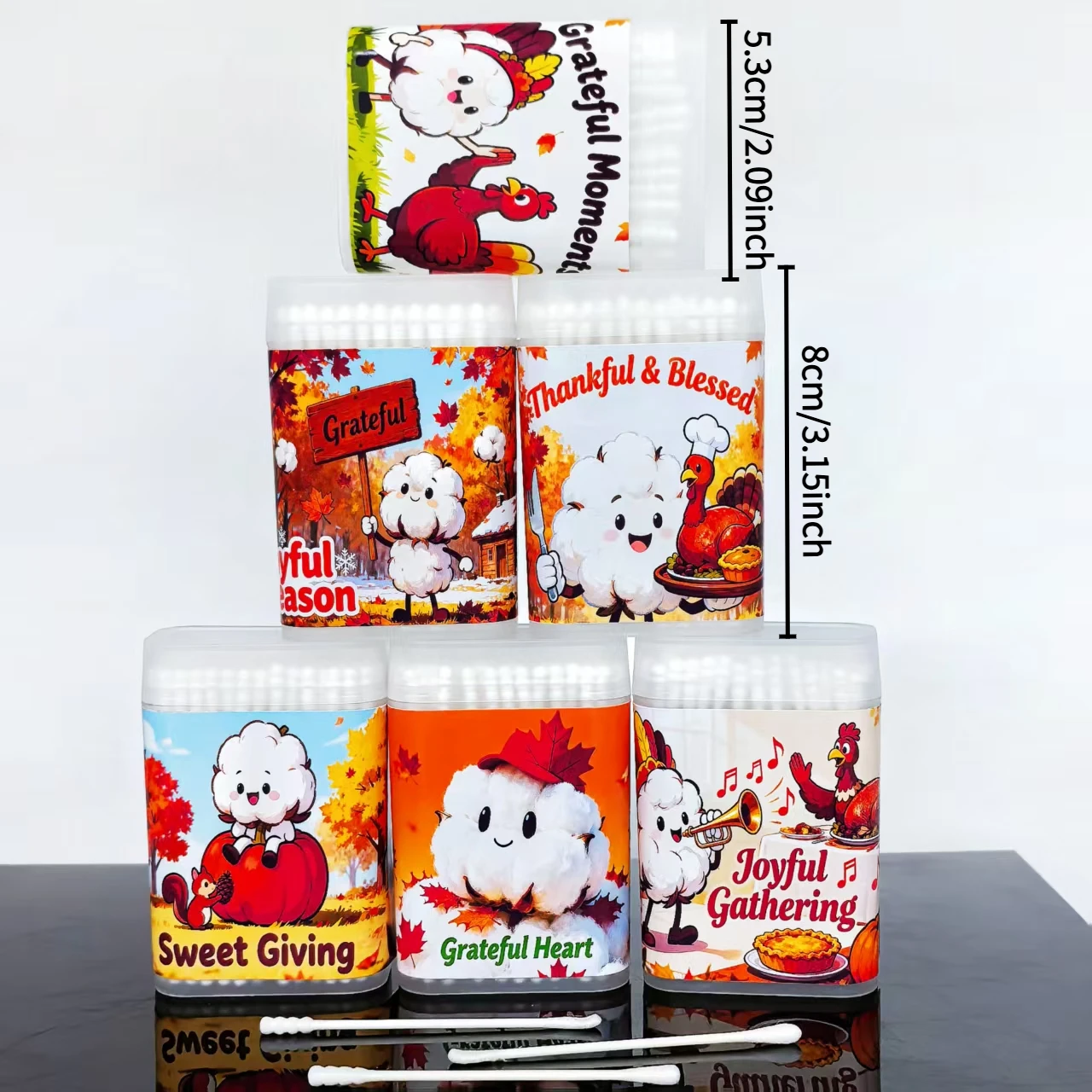 300 uds/600 Uds. Hisopos de algodón con elementos de Acción de Gracias, bastoncillos de algodón de doble cabeza, hisopos de algodón de regalo de vacaciones de eje fino