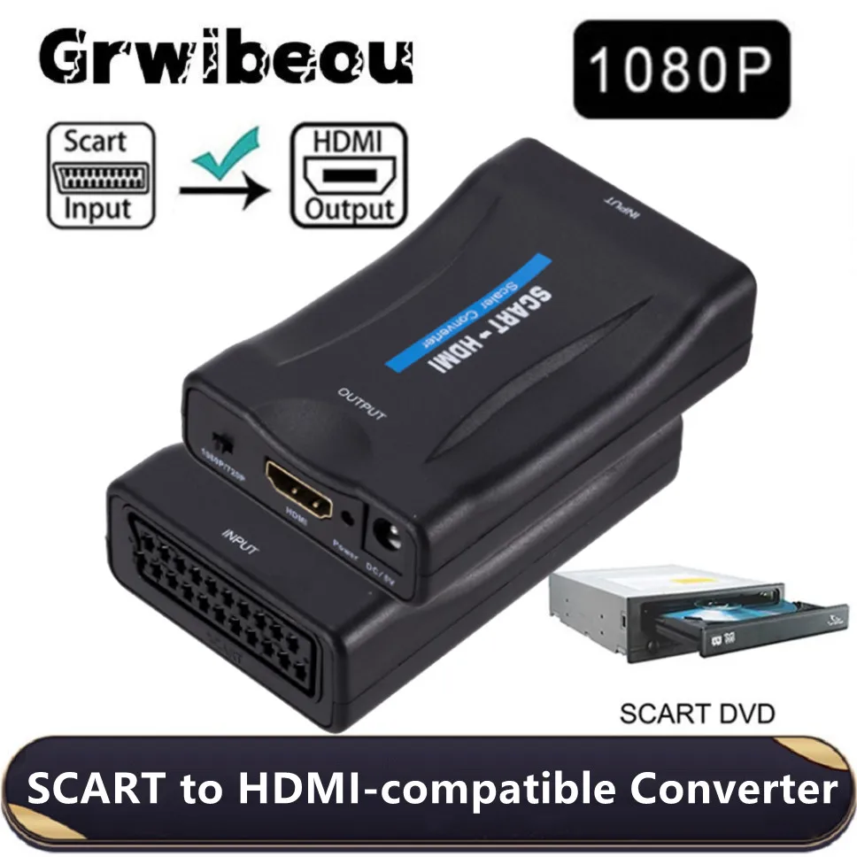 Grwibeou SCART Ke Konverter HDMI 1080P/720P Mendukung PAL/NTSC 3.58/ NTSC 4.43/ SECAM untuk DVD Sky Box N64 VHS PS4 VCR Wii Blu-ray