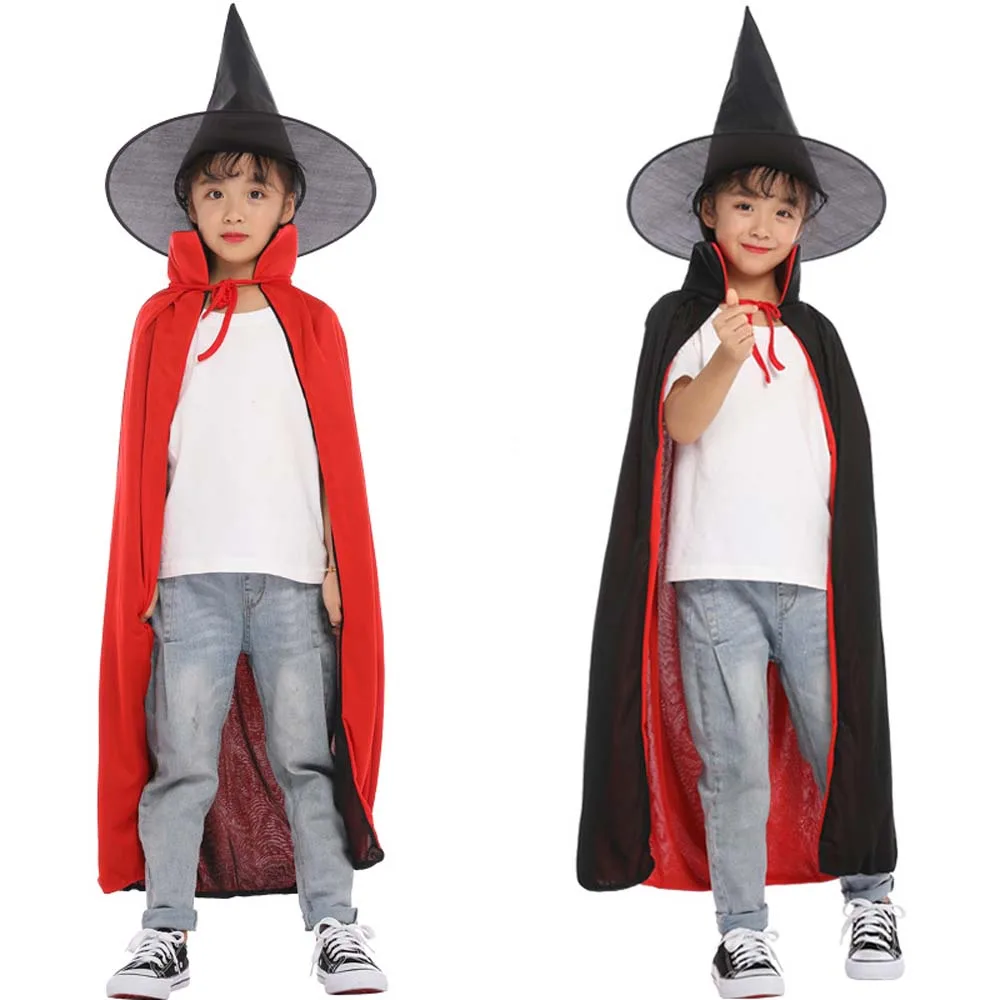 Death Reaper Magician Cloak Halloween Cloak with Hat Performance Costumes Black Red Wizard Robe Cosplay Double Layer
