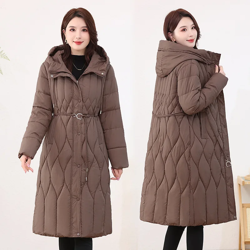 Women Long Parkas Coats Hooded Overcoat Solid Drawstring Waist Zipper Loose Fit Thick Office Lady Casual 2025 Autumn Winter