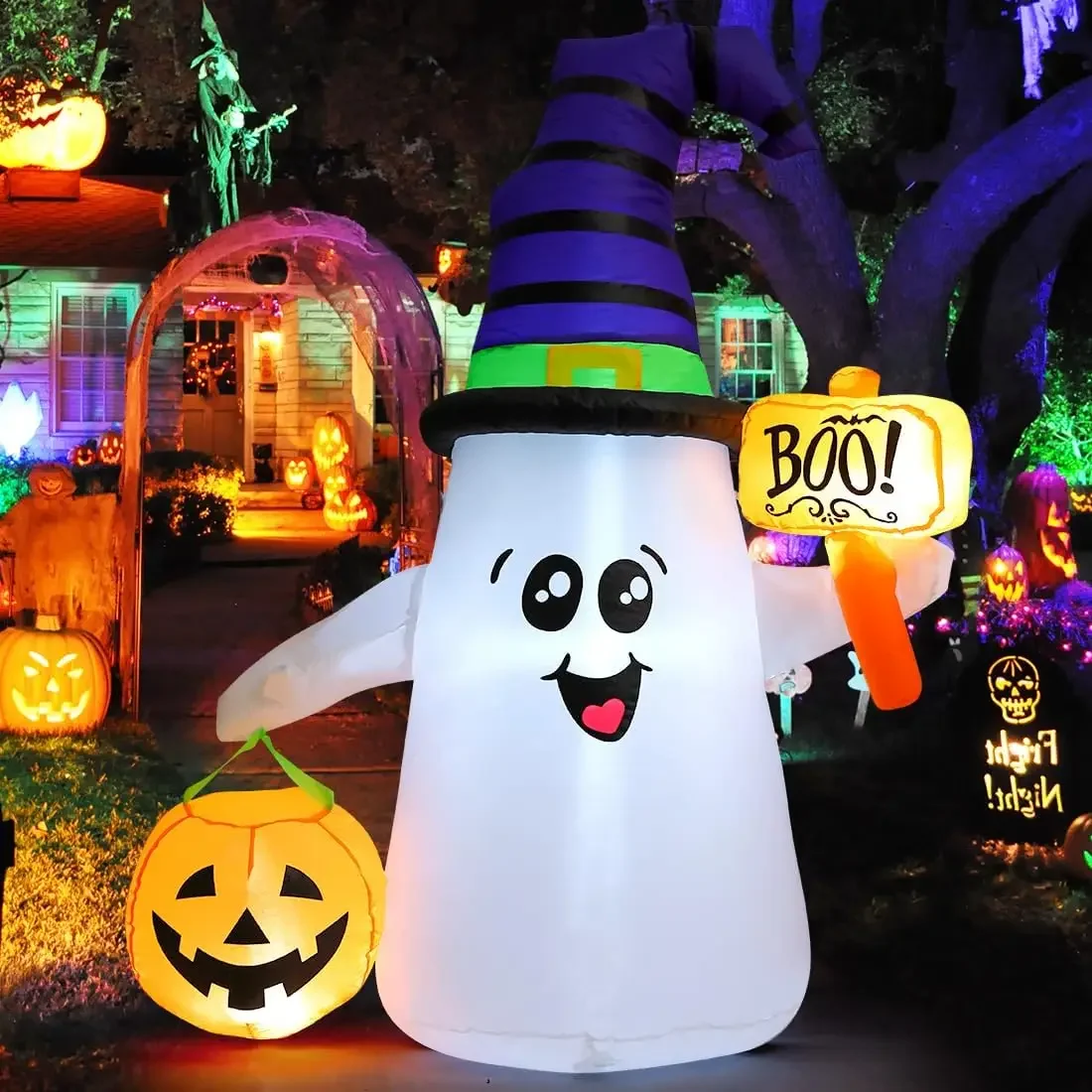 

Outdoor Decorations Blow Up Yard Cute Wizard Ghost with Pumpkin with Built-in LEDs for Garden Lawn Indoor Party Holiday Decor