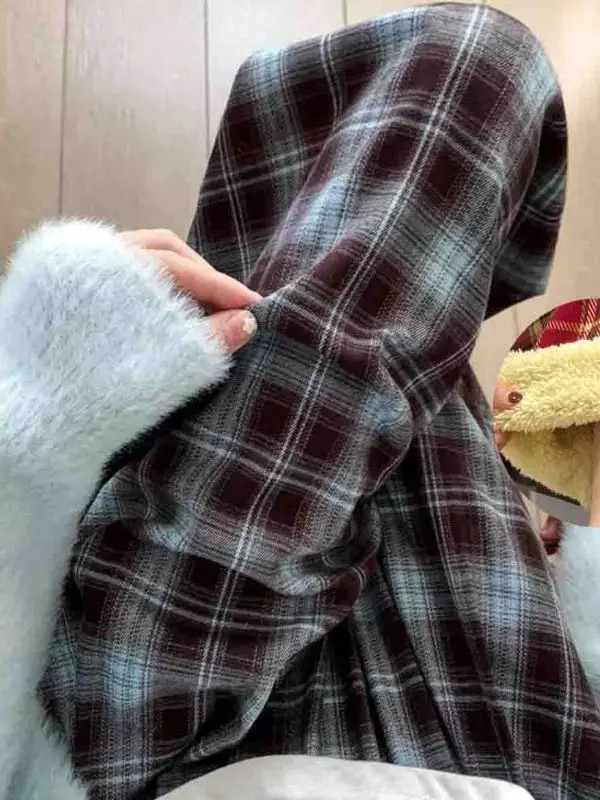 plus Size Tall Women's Fleece Lined Slim Fit Casual Home Plaid Pants High Waist Slimming Comfortable Polyester Fiber Straight...