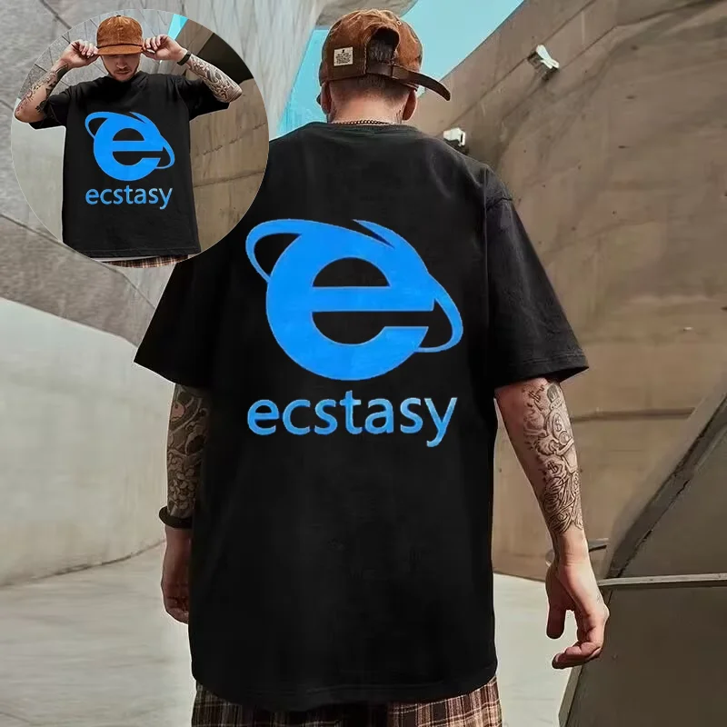 

25-26 Streetwear Ecstasy New T-Shirt Y2K Men's Harajuku White T-Shirt Letter Pattern Printed Large Loose Short Sleeve Gothic Top