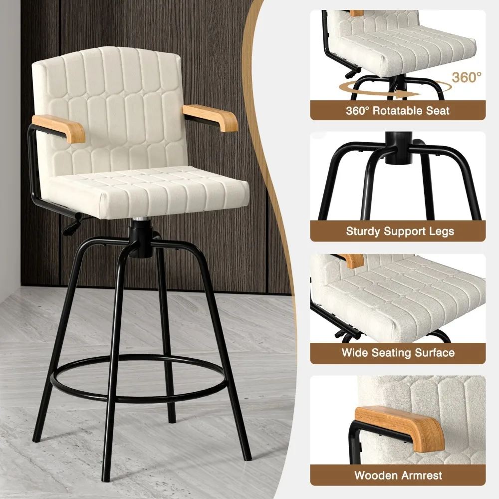 回転式バースツール カウンターチェア 2脚セット 背もたれ付き アームレスト付き 金属脚