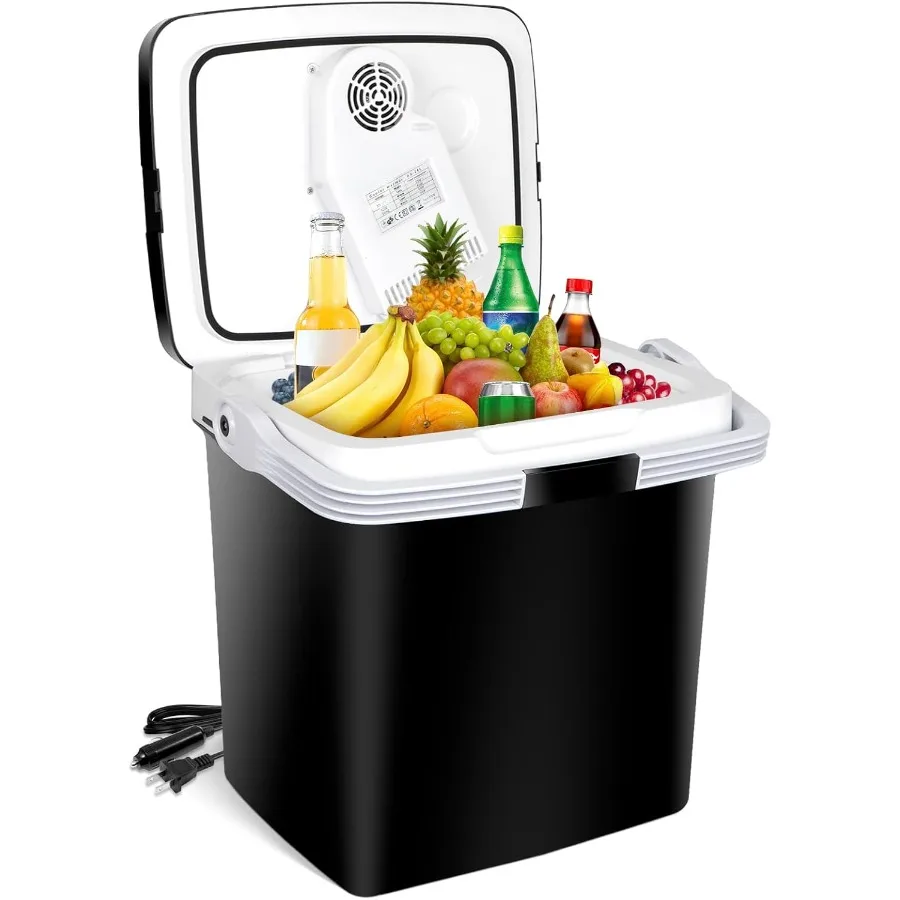 

Автомобильный холодильник 12 В постоянного тока, 28 литров, портативный электрический охладитель, обогреватель с автоматической запирающейся ручкой для путешествий, кемпинга, черный