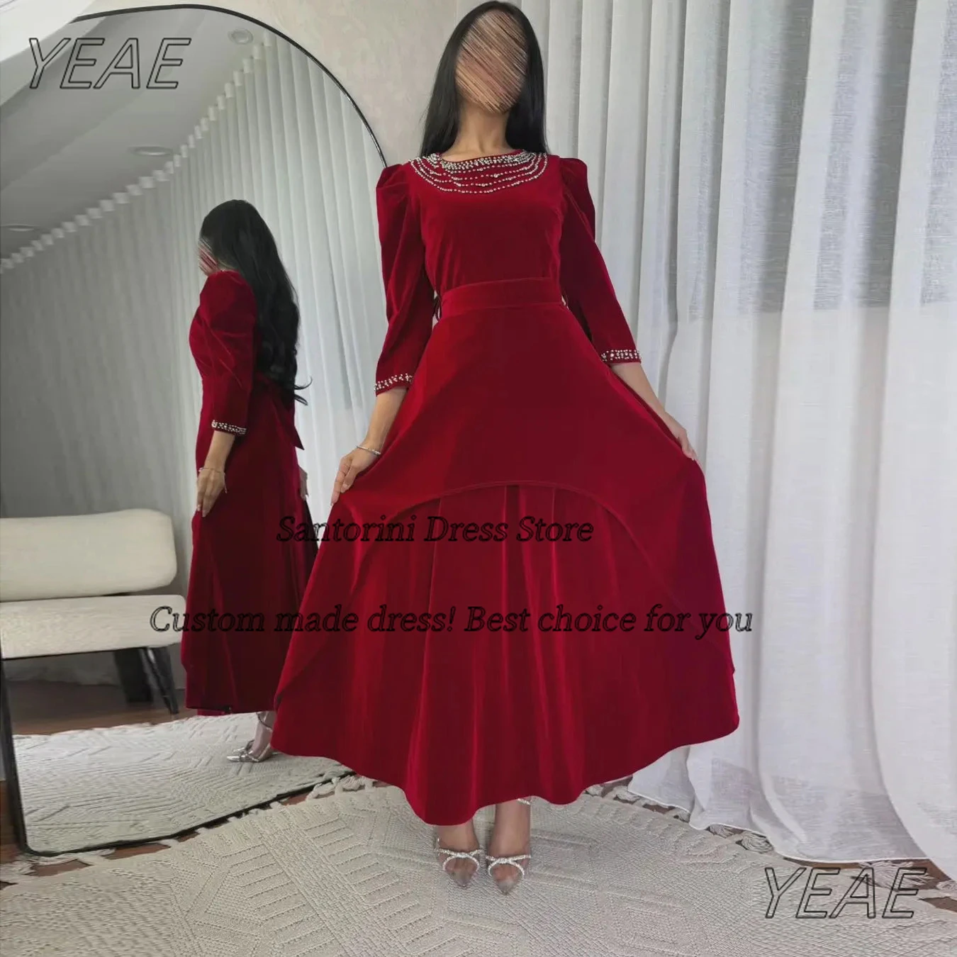 Santorini Customized Vestidos Des Noches Scoop Neck Prom Dresses Beading Long Sleeves Evening Party Dress with Sash Formal Gowns