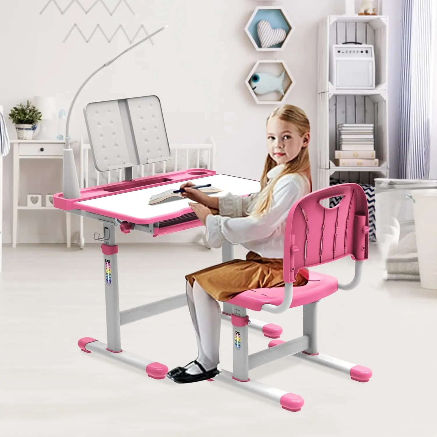 Kids Desk and Chair Set Multi Functional School Desk for Kids 5-8 Years Kids Study Desk with 40 Degree Tiltable Desktop, Childre