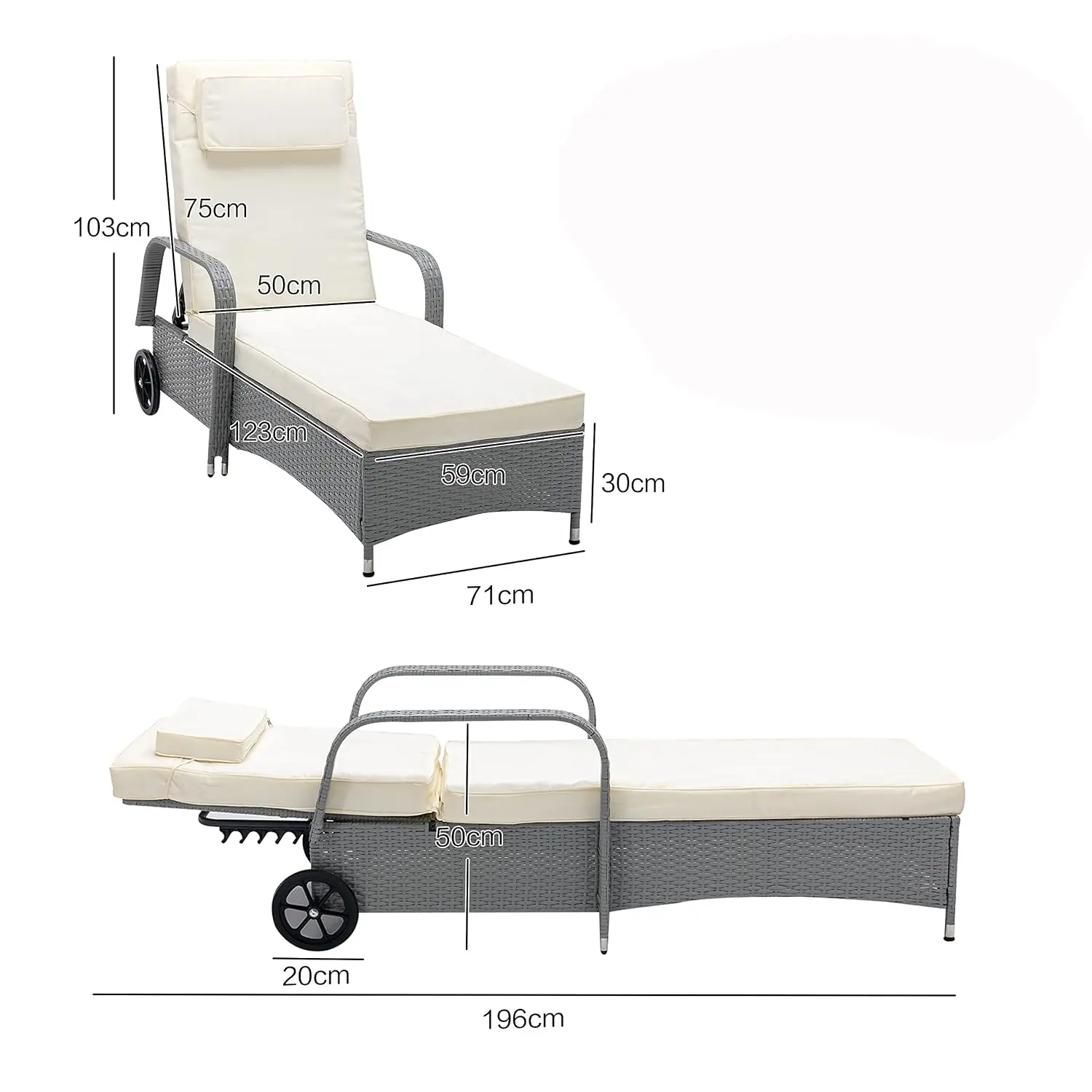 Rattan Sun Lounger Recliner, Outdoor Patio & Garden Furniture Bed, Black, Customized