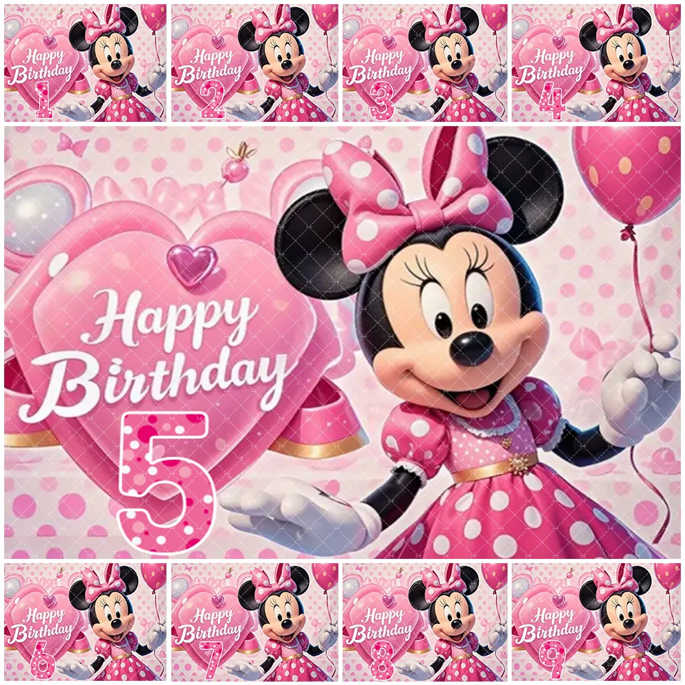 

Disney Cartoon Minnie Mouse Backdrop Customizable Number Girl Birthday Party Decorations Vinyl Photography Background Baby Gift