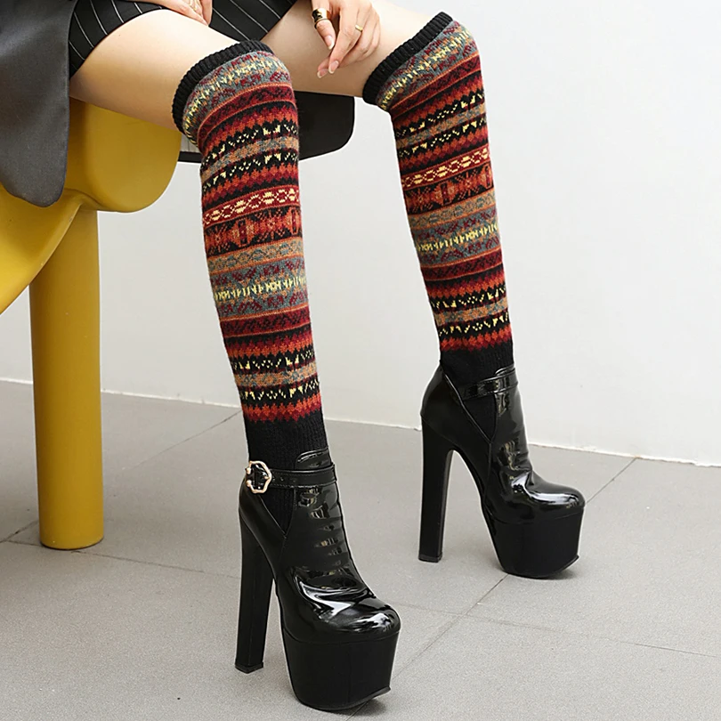 Plus Size High Platform with Super Hollow Metal Buckle Woven with Ethnic Style Color Blocking Stripes Over The Knee High Boots