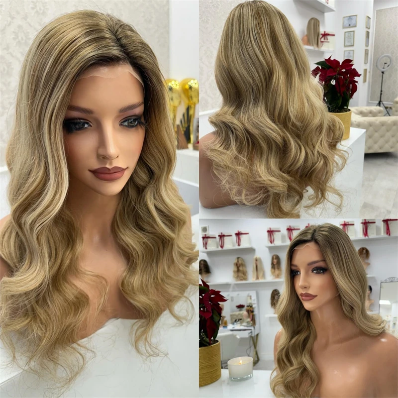 

Ombre Golden Blonde with Brown Streaks Synthetic HD Lace Front Wig Pre Plucked Hairline with Baby Hair Ready to Wear Women's Wig