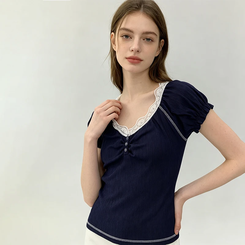 Summer Ladies Ribbed Knit Tee White Lace Trim V‑Neck Puff Short‑Sleeve Tops Ruched Front Button Decor Slim‑Fitted CoquetteY2K