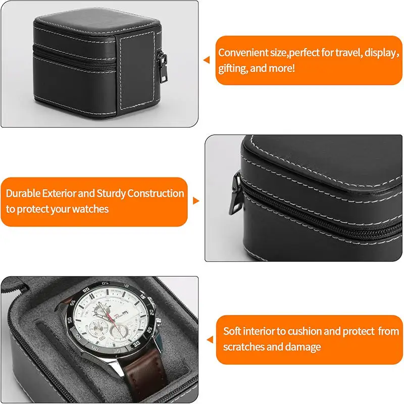 PU Leather Watch Travel Case - Single Square Box With Removable Cushion Jewelry Storage Organizer Portable
