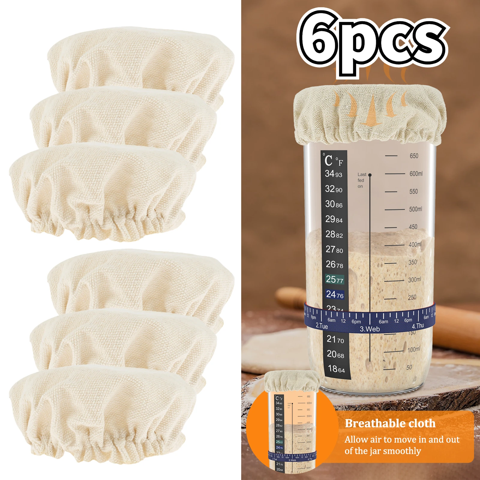 6Pcs Sourdough Starter Jar Covers 7.6cm to 10.1cm Elastic Cloth Sourdough Fermentation Jar Lid Reusable Compact Jar Cover