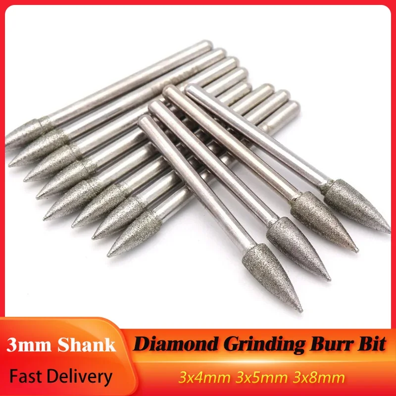 

5Pcs Dremel Accesories 3mm Shank Electroplating 4/5/8mm Diamond Grinding Head Polished Needle Jade Stone Carving Engraving Tools