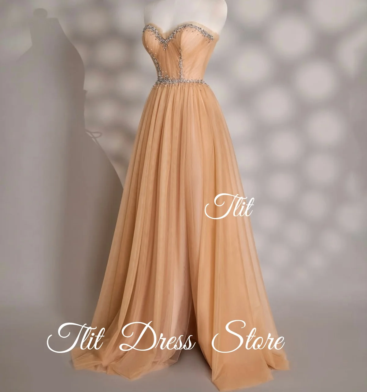 فساتين سهرة أنيقة من TLIT من التول الشامبانيا على شكل قلب فساتين حفلات كريستالية بفتحة جانبية عالية مخصصة فيستدوس دي فييستا