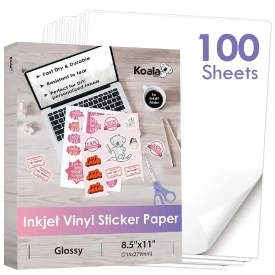 Koala Printable Vinyl Sticker Paper for Inkjet Printers - Sheets Glossy White Water-Resistant Adhesive Label Paper - 8.5x11 Inc
