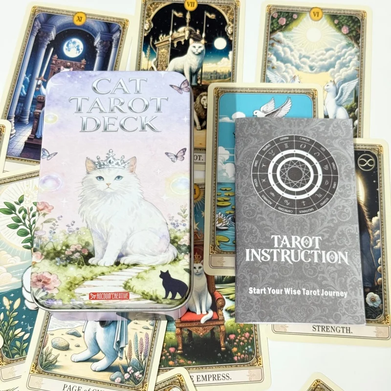 Cat Tarot Deck in Tin Box 11x6.2cm 78PCs English Version Cute White Cat Theme Fortune Telling Cards with Guide Book