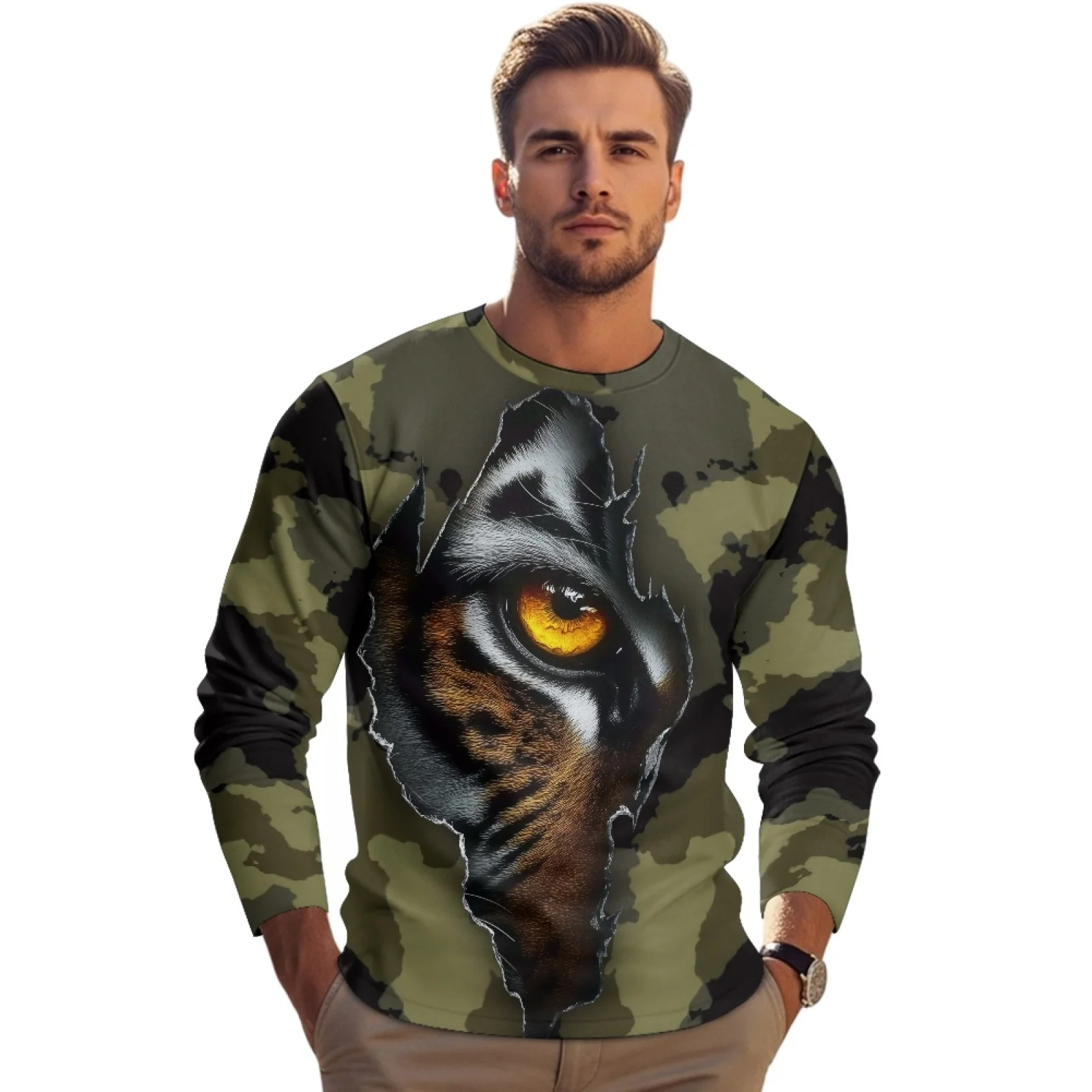 

3D Print Green Camouflage T-Shirts For Men Fashion Creative Long Sleeve Round Neck Tops Autumn Outdoor Jungle Adventure Clothing