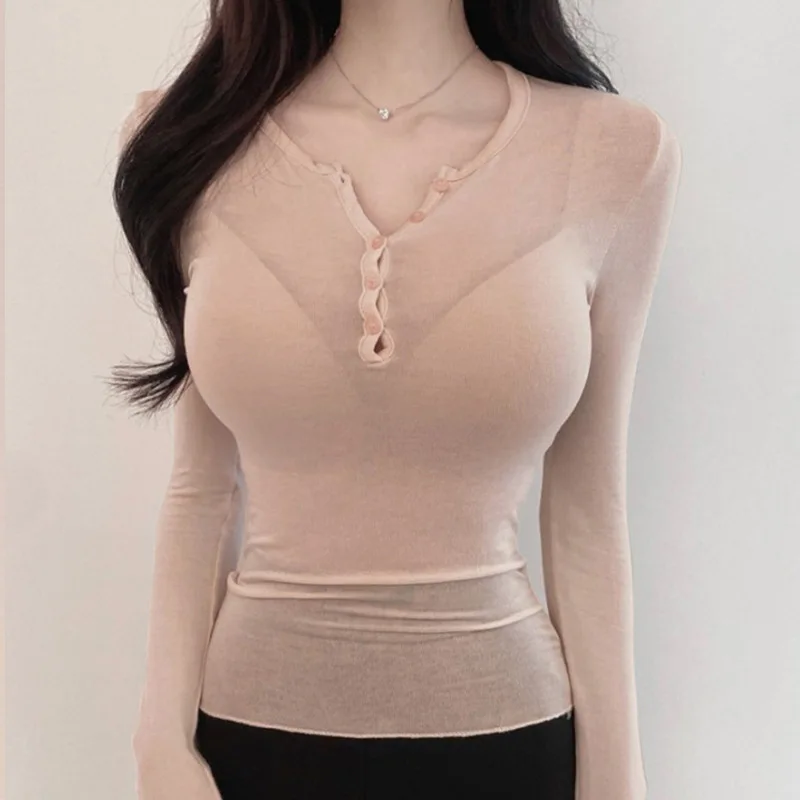 Korean Versatile Sexy Pure Desire Style Hot Girl Thin Transparent Body-Shaping Slim-Fit Long-Sleeve T-Shirt Top Women Tshirt 8WR