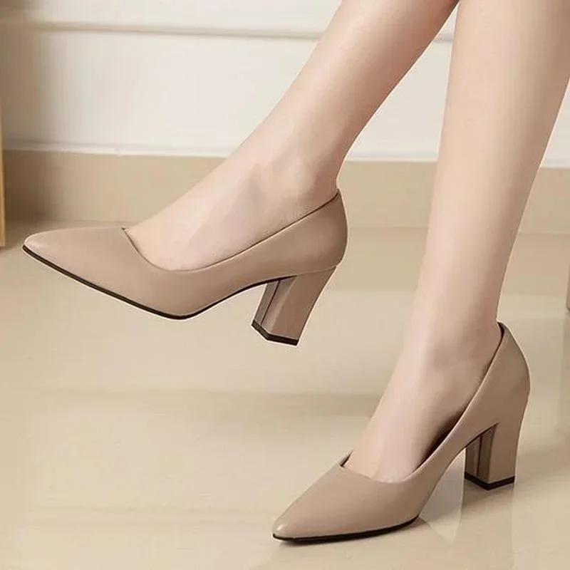 Autumn Newest Women's Leather Thick Heel Single Shoes Ladies Pointed Toe Shallow High Heels Work Pumps Eu 35-41 Black Beige