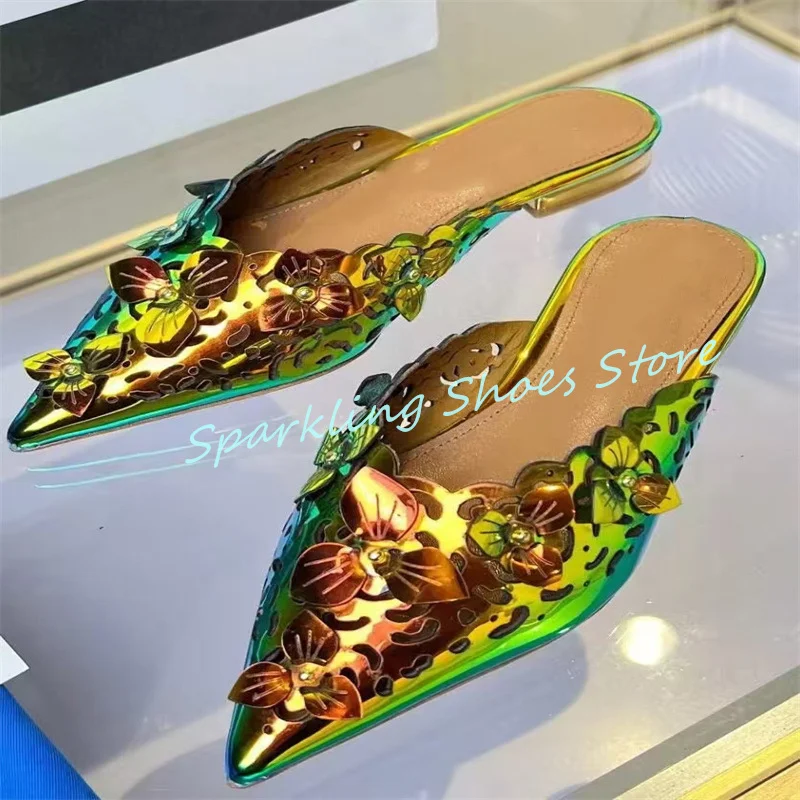

Fashion Flowers Decor Hollow-out Women Sandals Pointed Toe Low Heel Shallow Slingback Pumps Outside Beach Ladies Casual Slippers