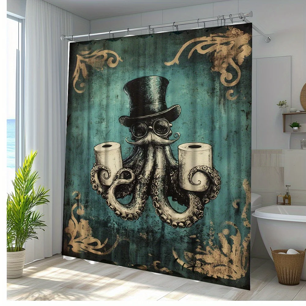 Steampunk Octopus Shower Curtain Waterproof Gothic Design Vintage Marine Art Print for Bathroom Decor Unique Sea Life Tapestry