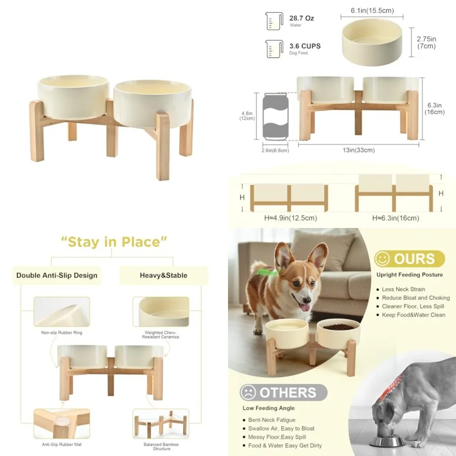 

Elevated Dog Bowls Ceramic, 6.1'' Dogs and Cat Food Water Bowls Raised with Non-Slip Bamboo Stand for Medium Sized Breed Microw