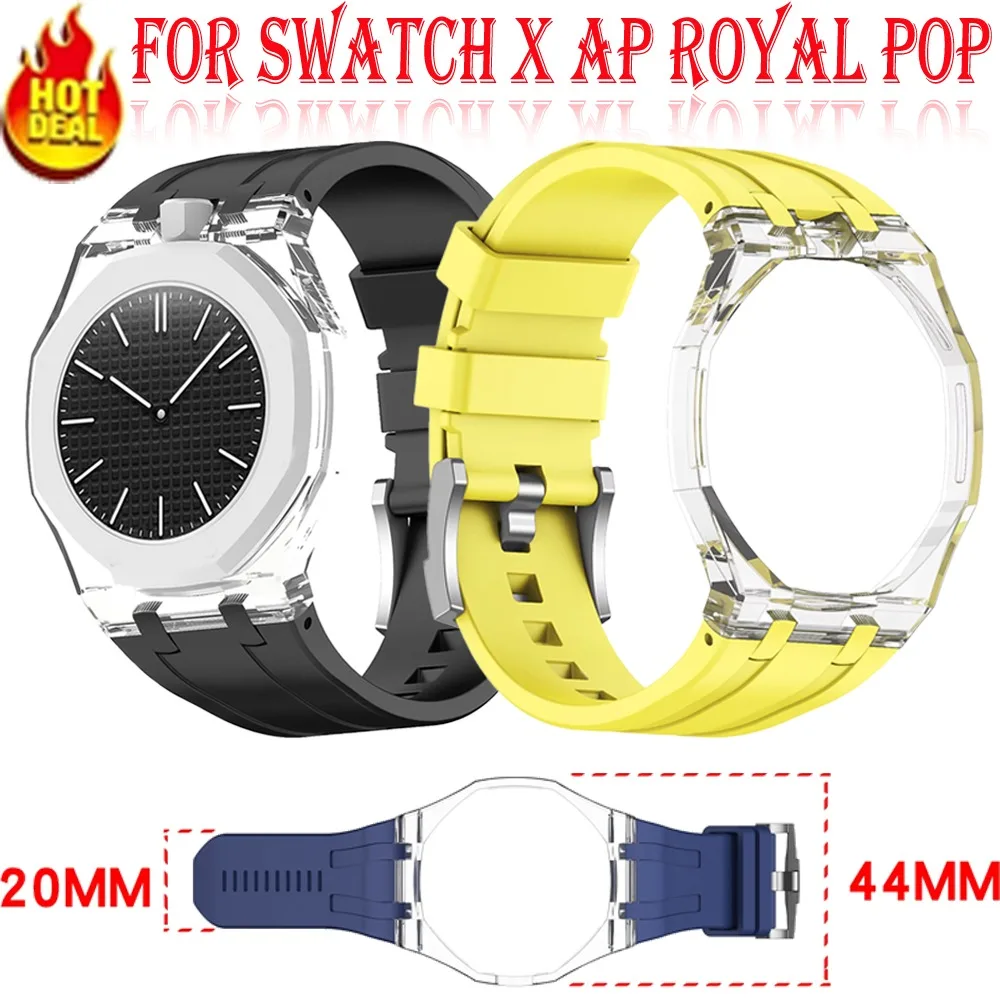 Luxury High-Transparency Clean Case+Liquid Silicone Strap for Swatch X AP Royal POP All-in-One Replacement Wristband Accessories