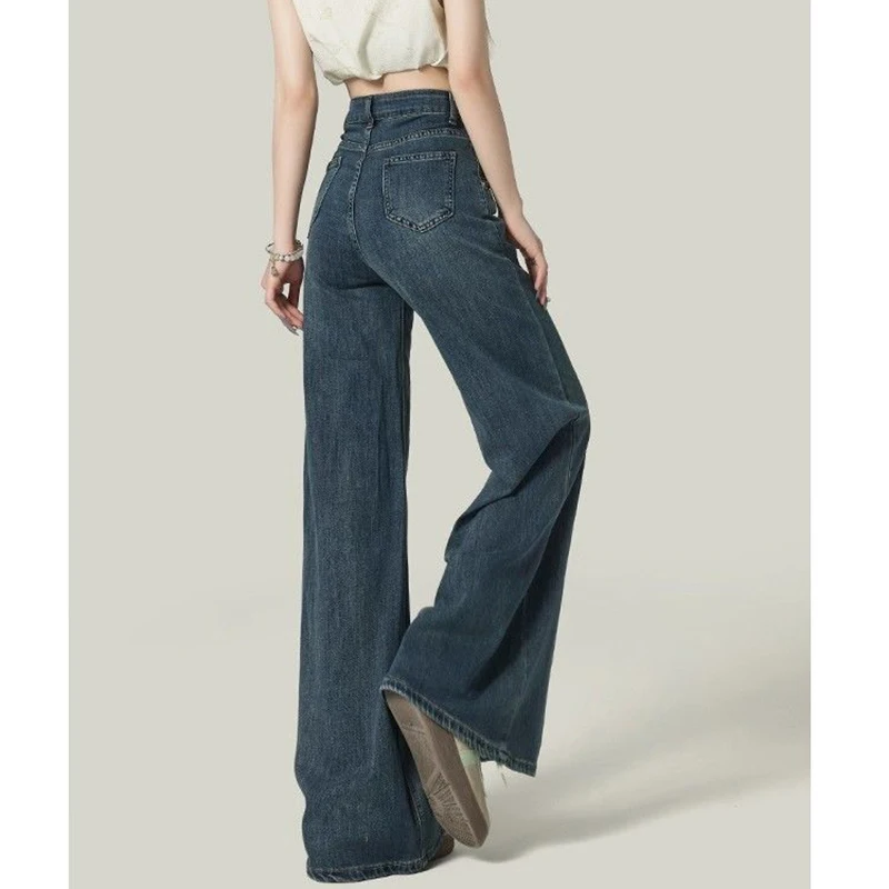 Damskie dżinsy z wysokim stanem, retro, jednolite, rozszerzane, eleganckie, w stylu koreańskim, proste nogawki, klasyczne spodnie dżinsowe damskie.