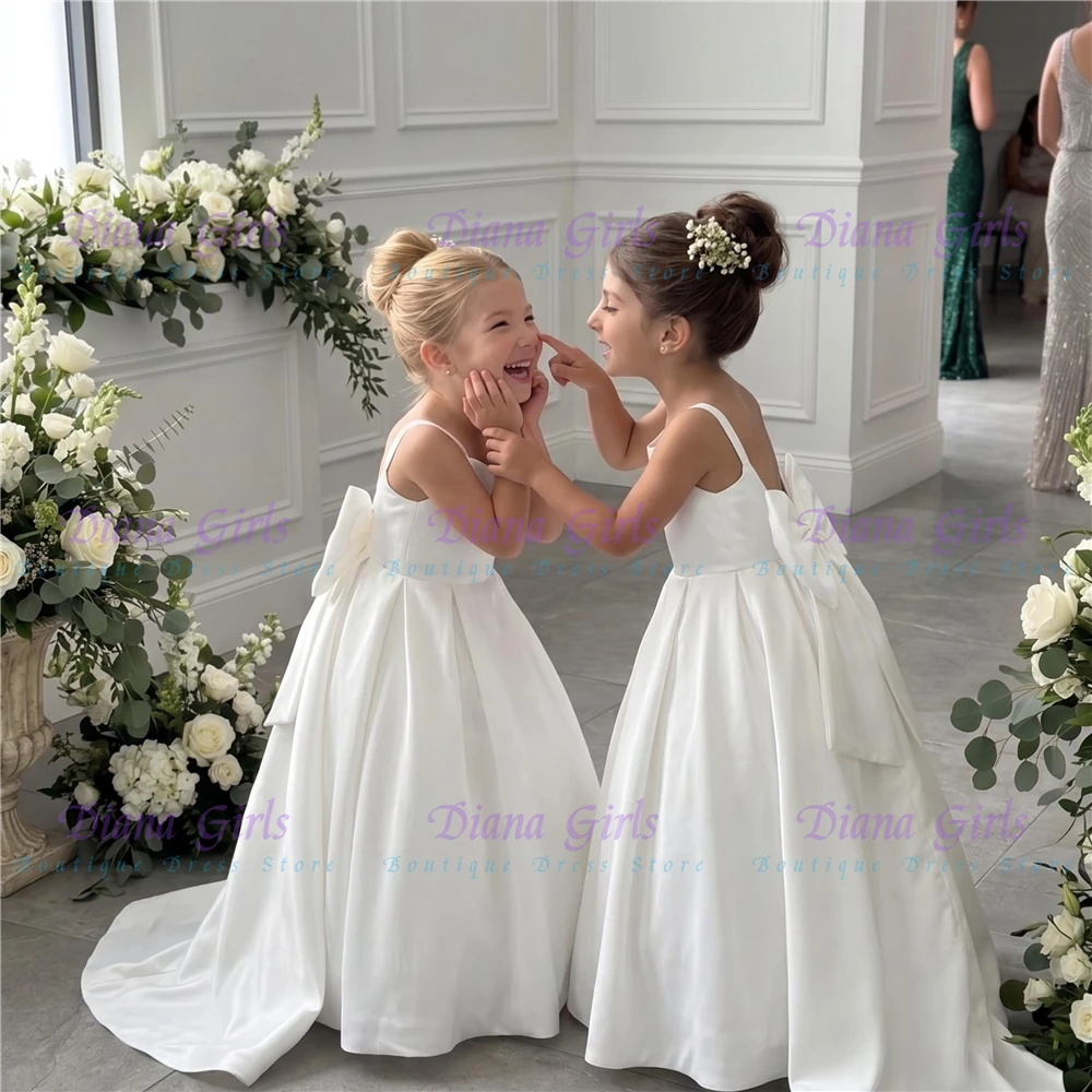 Lovely White Satin Fluffy Flower Girl Dress Clothing for Little Princess Birthday Wedding Party Dresses Evening Ball Gowns