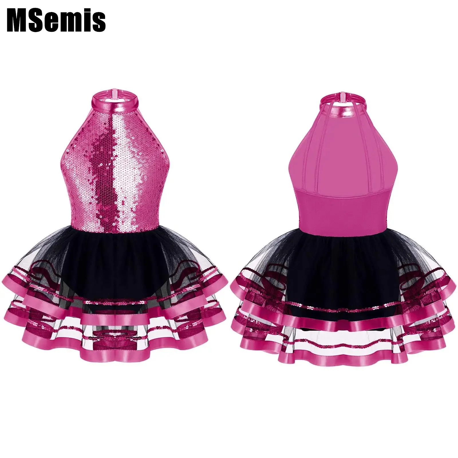 

Kids Girls Hollow Back Dance Dress Sequins Mesh Stylish Clothing Sleeveless Round Neckline Sparkling Sequins Decorated Straps