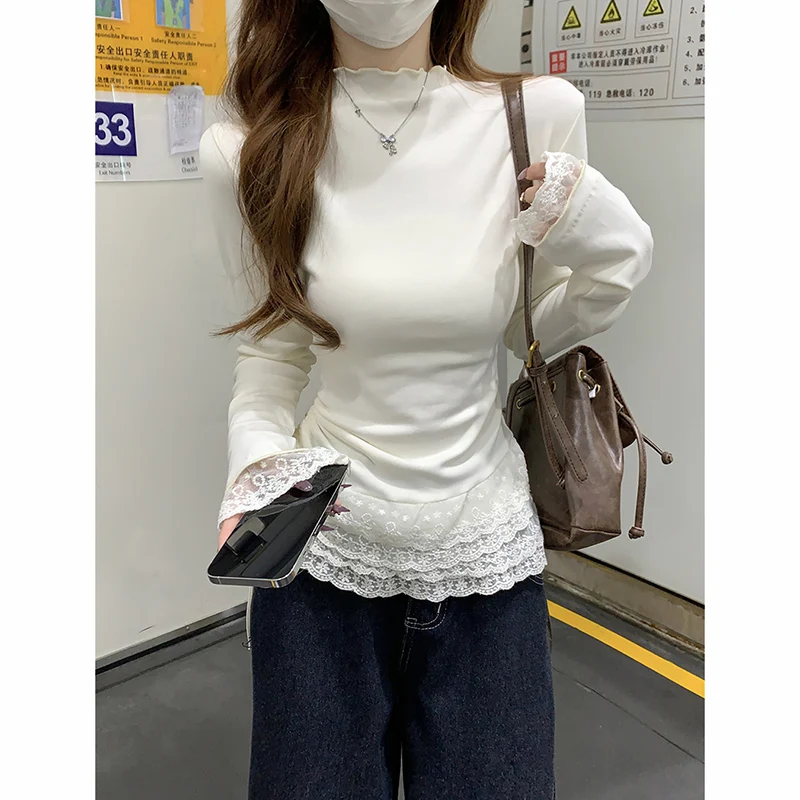 

Y2K Lace Patchwork Long Sleeve T-Shirts Women Autumn New Ruffled Collar Pullovers Tees 2025 Korean Side Drawstring Woman Clothes