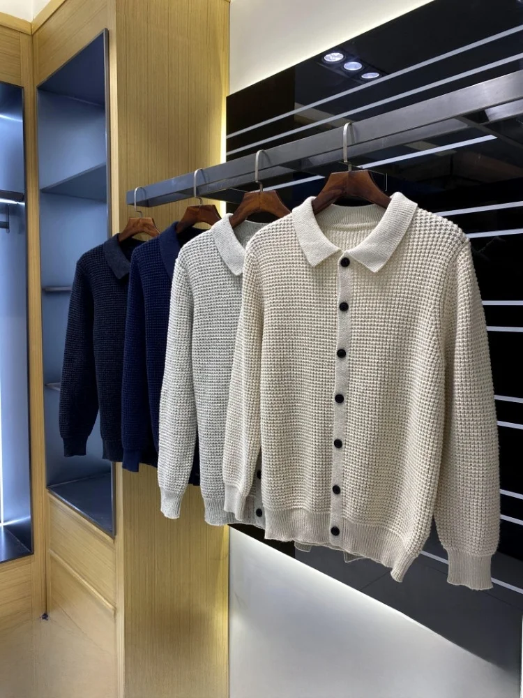 

Nordic Style Men's Fashionable Wool Blend Knitted Cardigan Coat Turn-down Collar All-match Autumn Winter Casual Soft Cotton P...