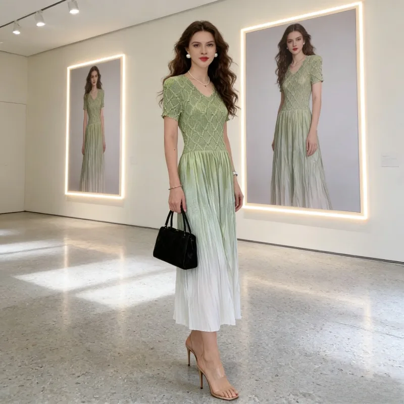 

Плиссированное платье Miyake: Элегантное, с градиентным V-образным вырезом, премиум-класса, с эффектом утяжки талии, А-силуэт, летнее, комфортное, для пляжного отдыха