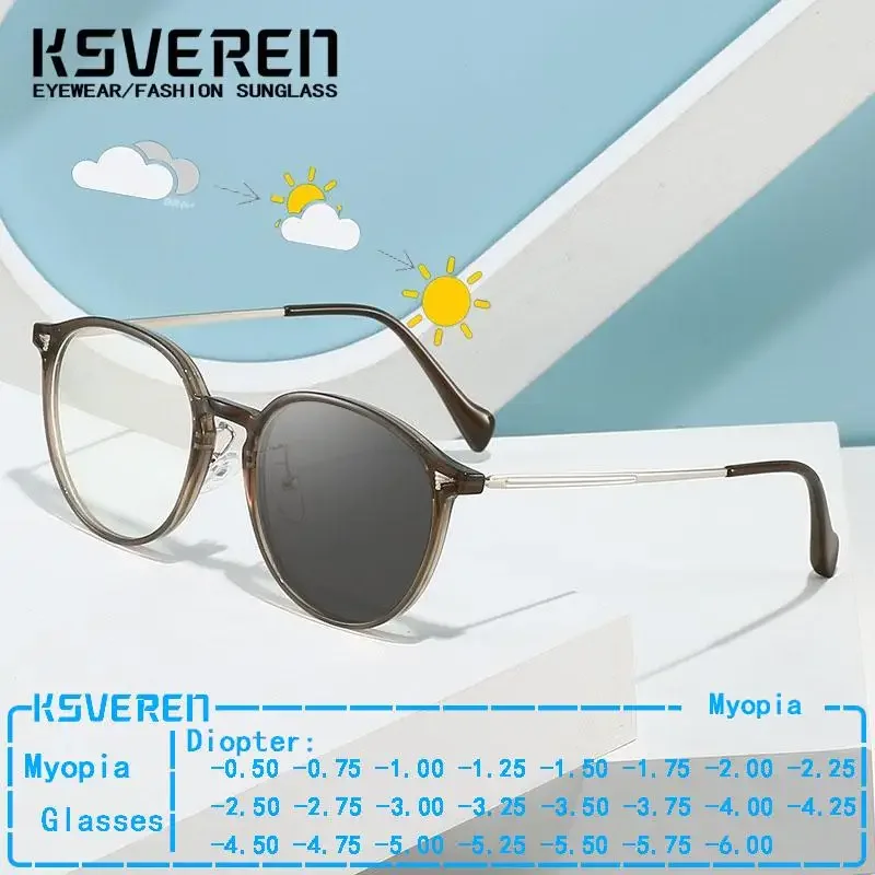 

Fashion Round Photochromic Myopia Glasses Women Men Minus Diopter Transition Discolour Lenses Glasses Outdoor Driving Eyewear