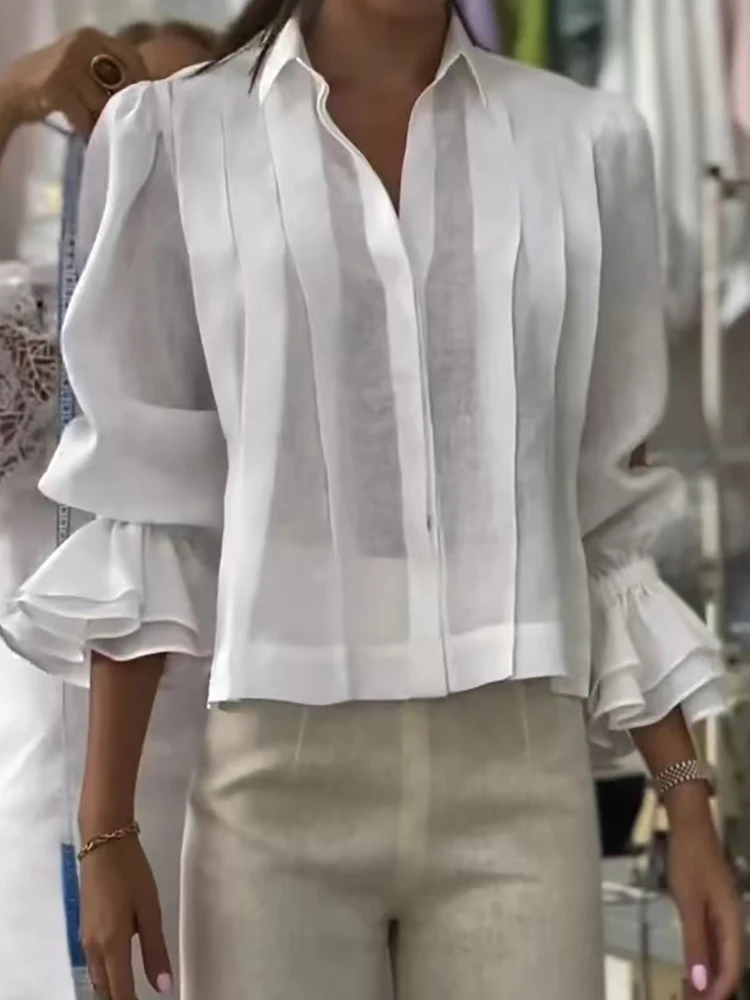 

Long Butterfly Sleeve Simple Blouses, Spring Summer Women Turn-Down Collar Casual Tops, 2025 Solid Patchwork Loose Ladies Shirts