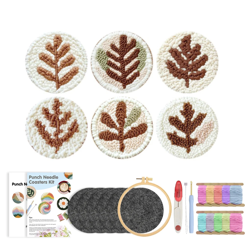 Embroidery Ideas For Bags - RUOPOTY 6個入りパンチニードルコースター リーフ柄パンチニードルフレーム インテリアDIYアイデア 風景画コンプリートパンチニードルキット 壁飾り作成キット