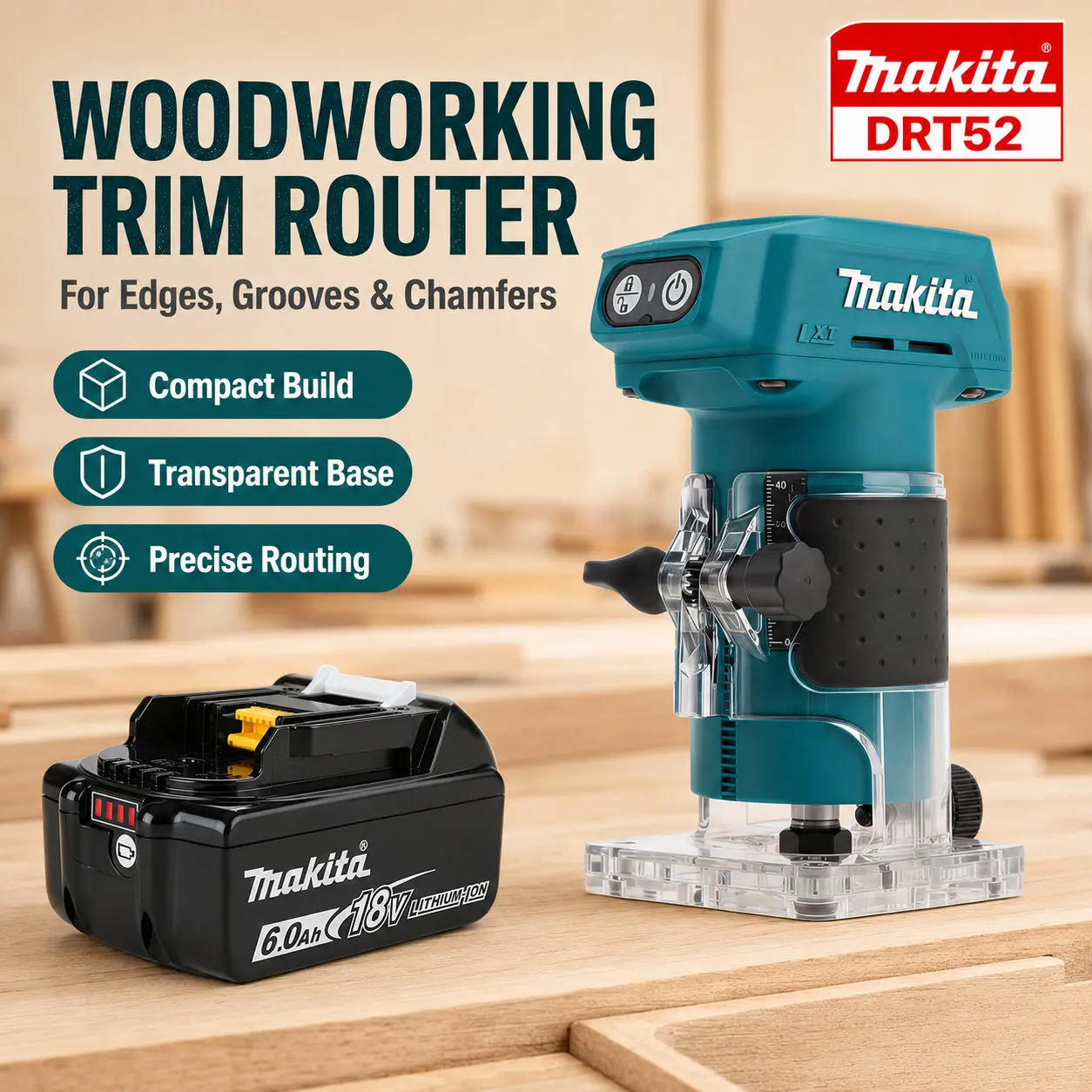 Baustellenoptimierter Makita DRT52 DRT52Z Akku-Kompakt-Brushless-Fräser, kompatibel mit 18V LXT-Akku für präzises Multi-Tasking, Kantenprofilieren und zuverlässige, saubere Nutfräsarbeiten.