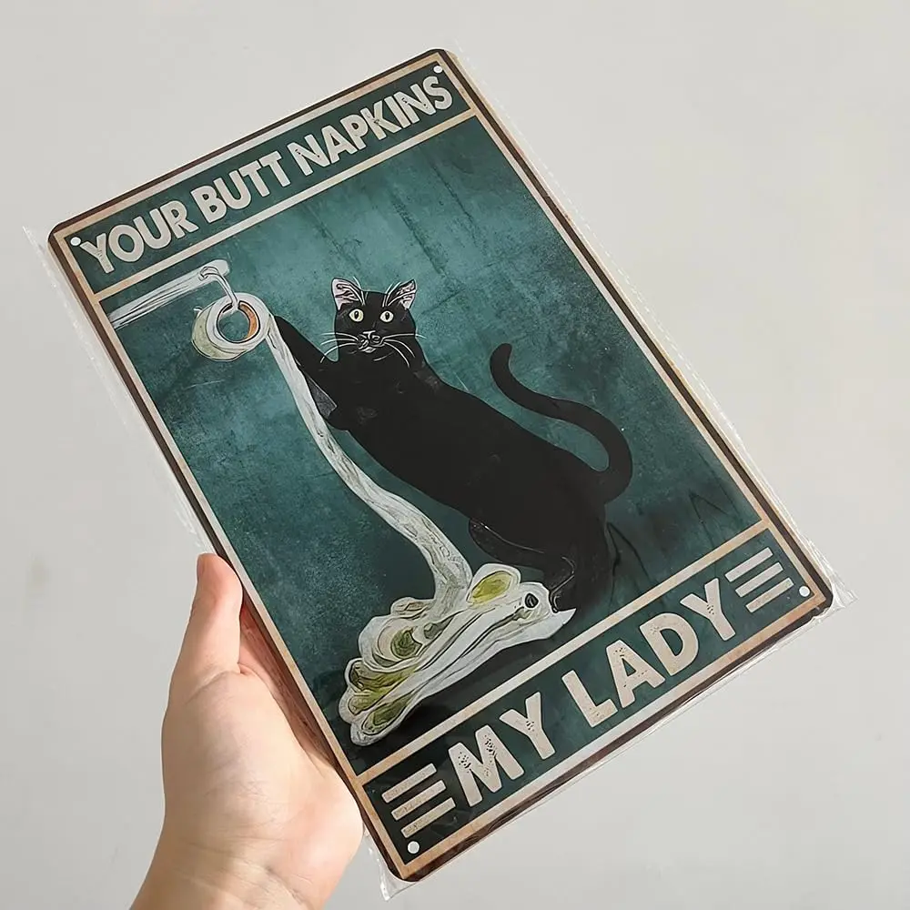 Funny Black Cat Metal Sign - Your Butt Napkins My Lady - Vintage Tin Sign Home Bathroom Decoration, 8x12 Inch