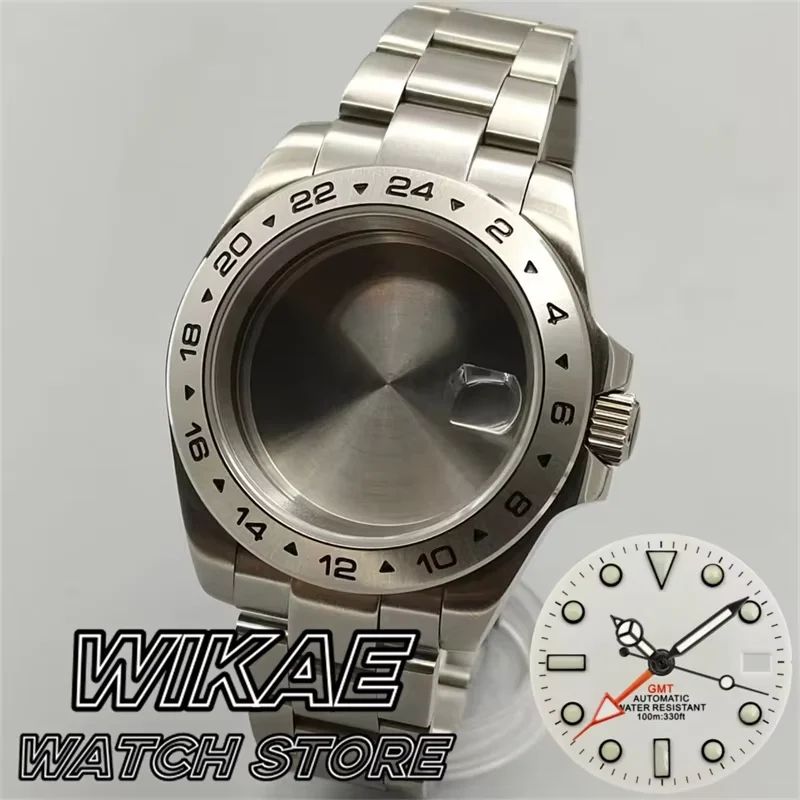 Caja de reloj EXP2 GMT plateada de 40mm y esfera luminosa GMT, juego de mano, cristal de zafiro de acero inoxidable, compatible con reloj con movimiento NH34 DG3804