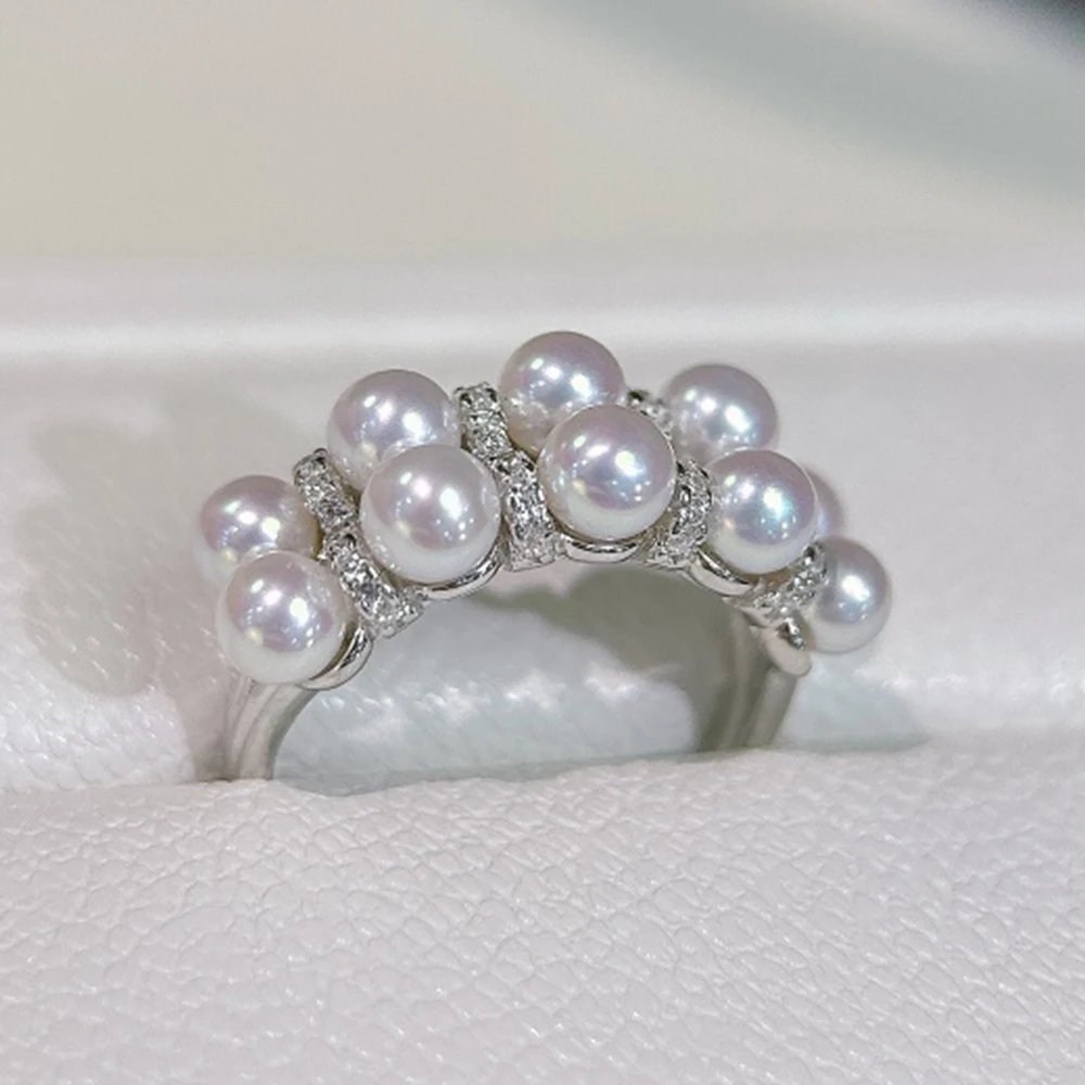 4-5mm Aurora Natural Pearl Ring with Mirror Surface Beads Like Bulbs Adjustable 925 Silver Multiple Real Pearl Ring Fine Jewelry